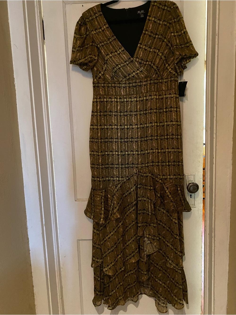 R&M Richards Black Gold  metallic Tiered Ruffle Gown dress Grecian look - Picture 2 of 5